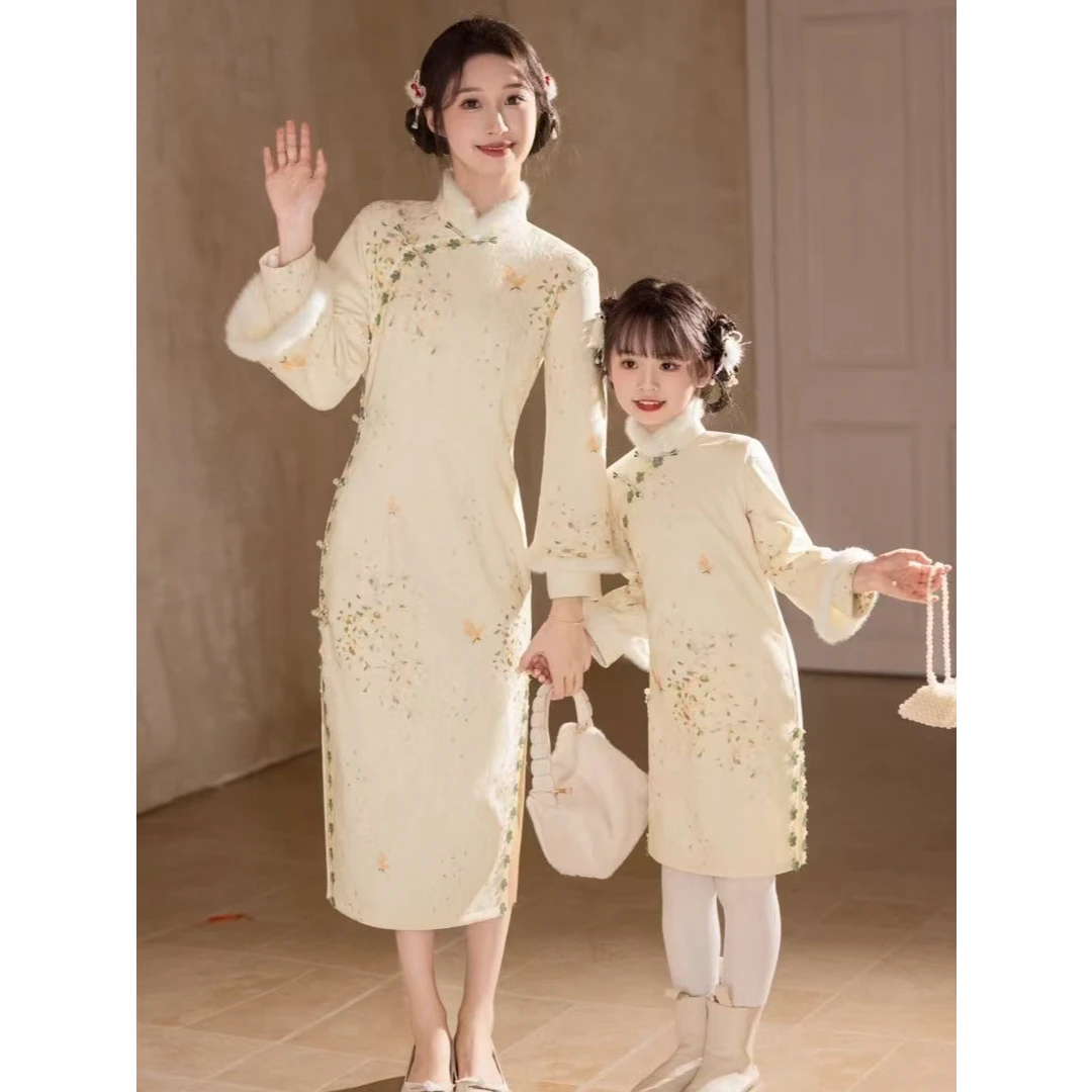 【梨花雨眠】亲子装母女新中式国风女童冬装旗袍裙长袖拜年装加绒