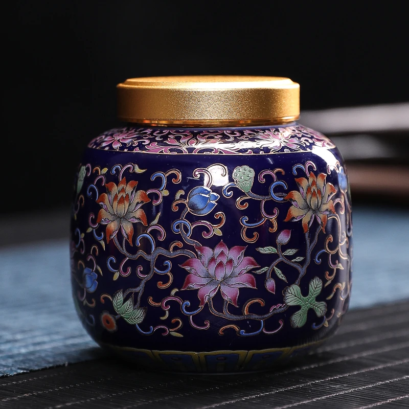 京隆堂珐琅彩小号陶瓷茶叶罐便携迷你密封储存茶罐家用防潮茶仓