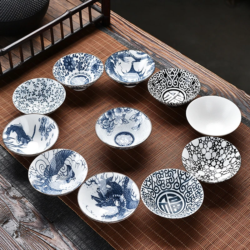 青花瓷茶杯陶瓷功夫小茶杯单杯主人杯茶具茶盏套装茶碗品茗斗笠杯