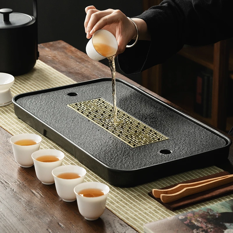 仿乌金瓷石小型家用茶具茶台储水排水干泡台奢现代茶盘2023新托盘