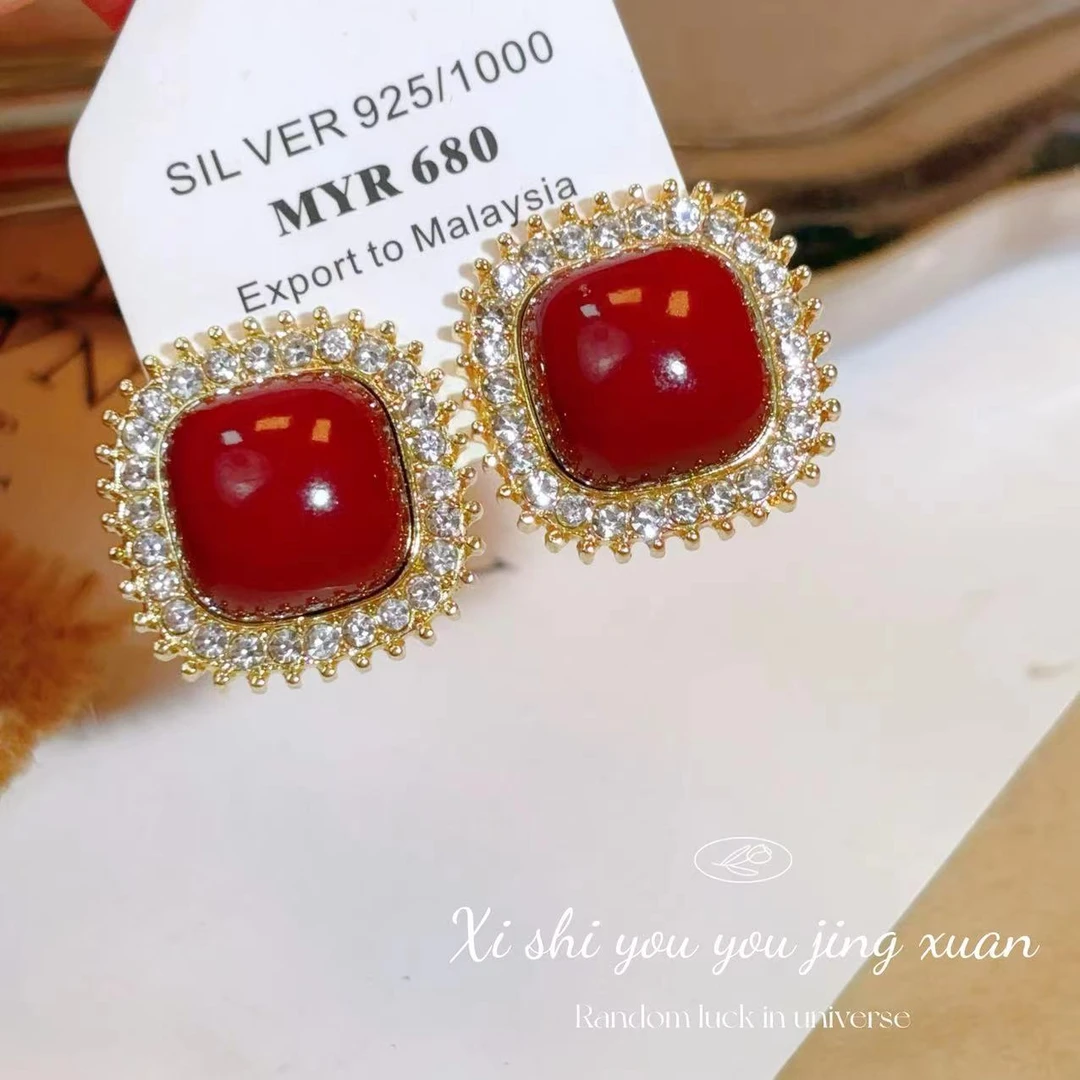 铜合金耳饰 【甜心早茶】红色耳环女复古港风高级感耳钉 A022