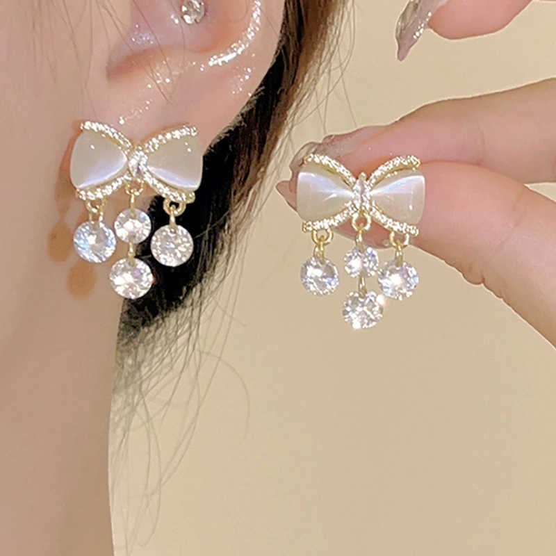 铜合金耳饰 【韩式蝴蝶结】精致微镶蝴蝶结耳环女高级感流苏 A165