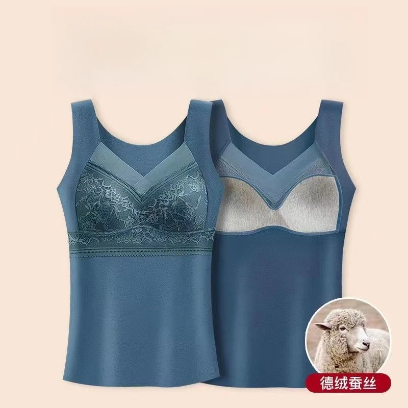 德绒加绒加厚保暖衣保暖背心女打底无痕内搭带胸垫蕾丝保暖内衣