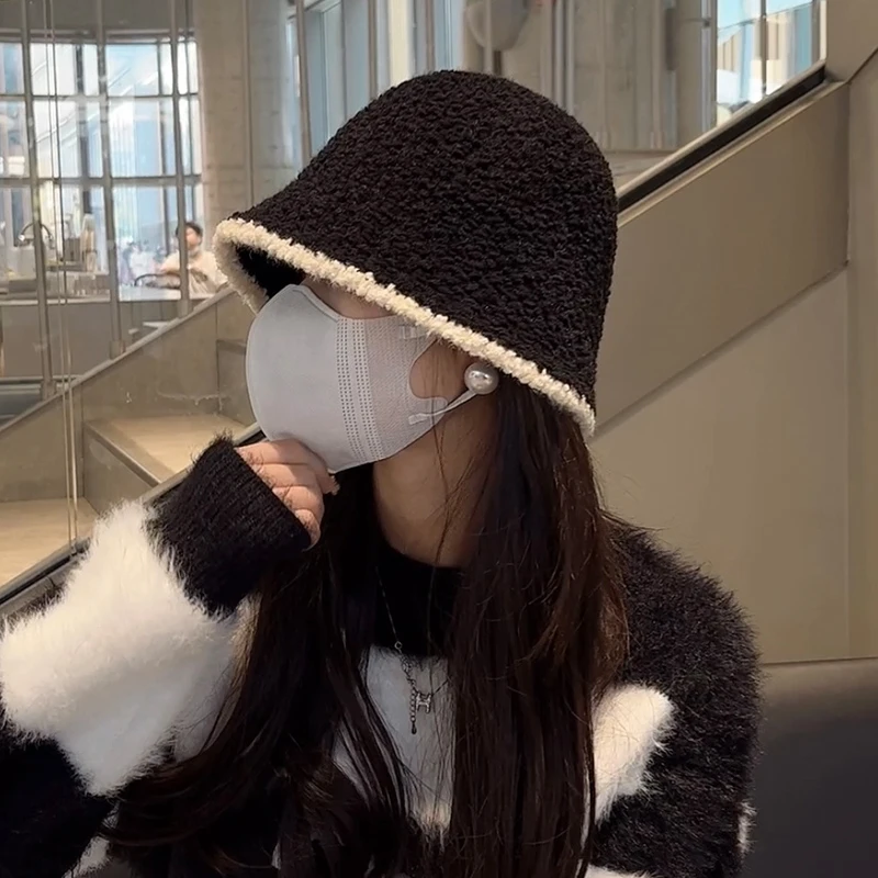 帽子女春秋黑色针织渔夫帽女款ins显脸小保暖护耳盆帽大头围