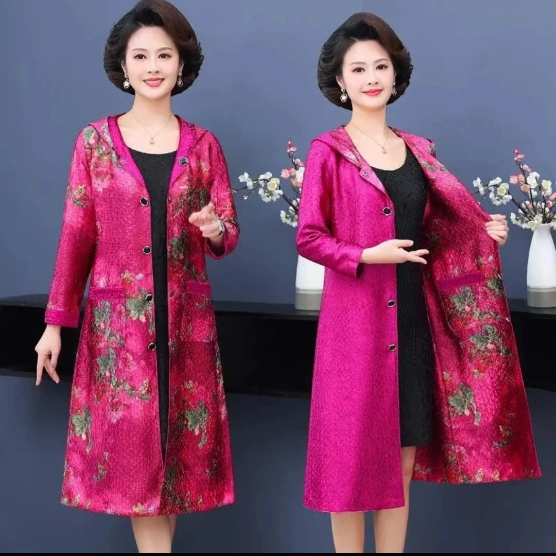 2023秋冬洋气妈妈装民族风中长款外套宴会喜婆婆阔太太连帽风衣