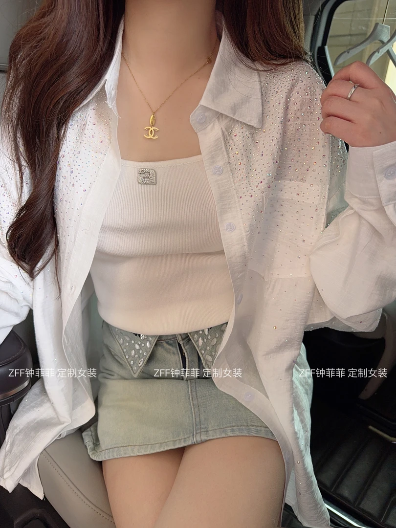 钟菲菲下半身失踪衬衫衬衣春季上衣女士白防嗮开衫外搭宽松烫钻
