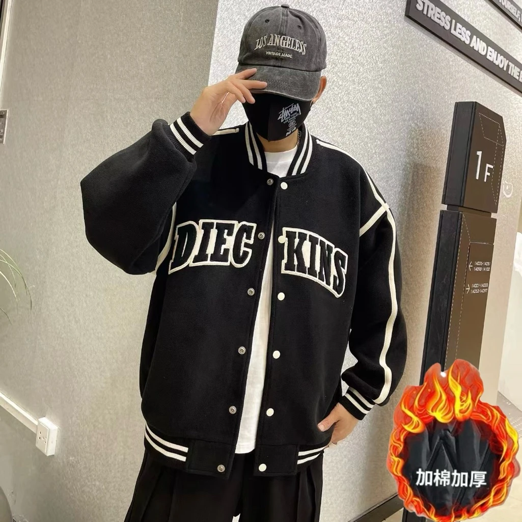 6801-21加棉青年男女同款棒球领休闲百搭宽松潮流韩版拼接学生