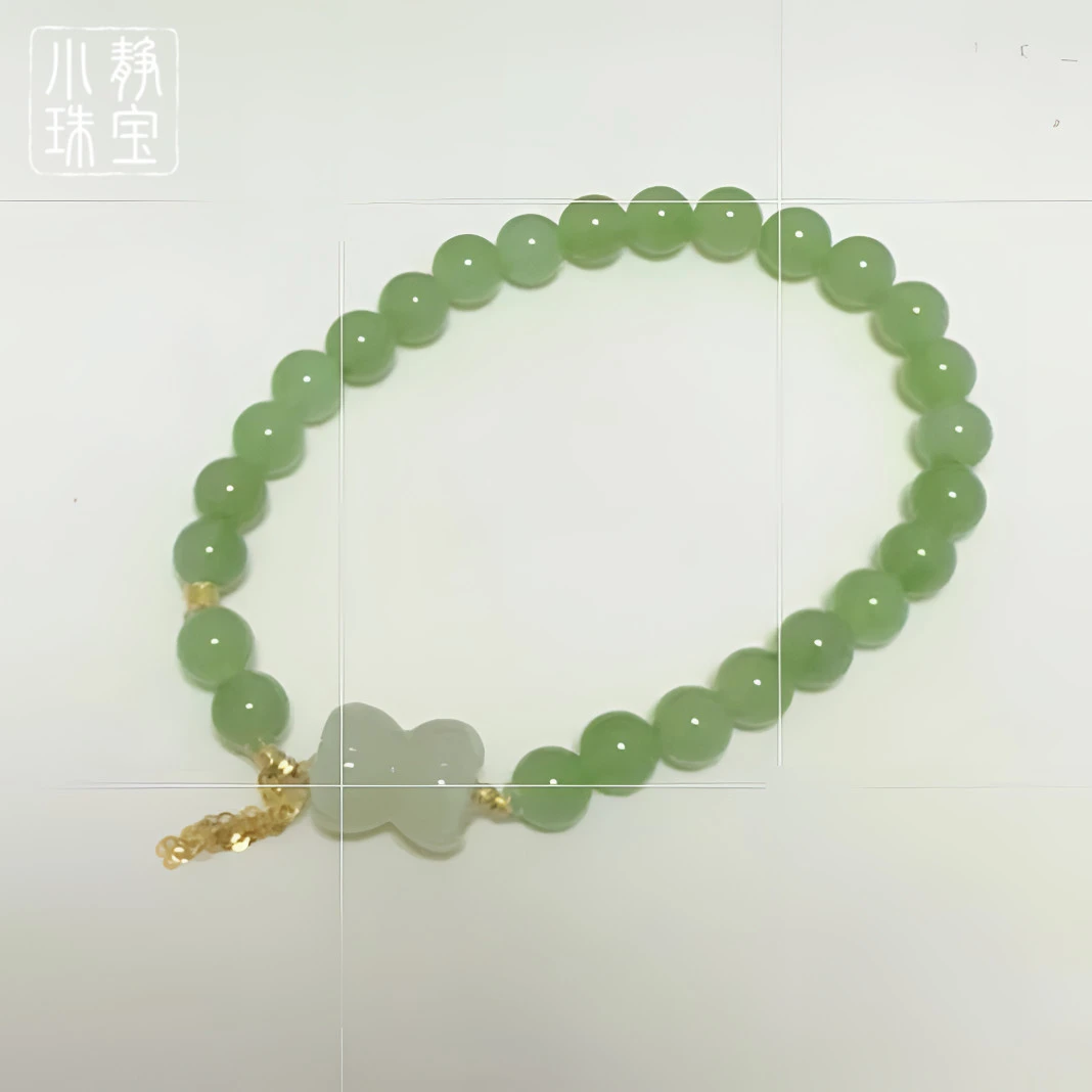 a807*和田玉碧玉手链*6mm*18k金镶嵌莲花