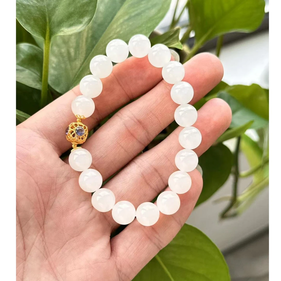 和田玉手链*10mm*白玉*18k金镶嵌堇青石*路路通轻奢时尚单圈绿色