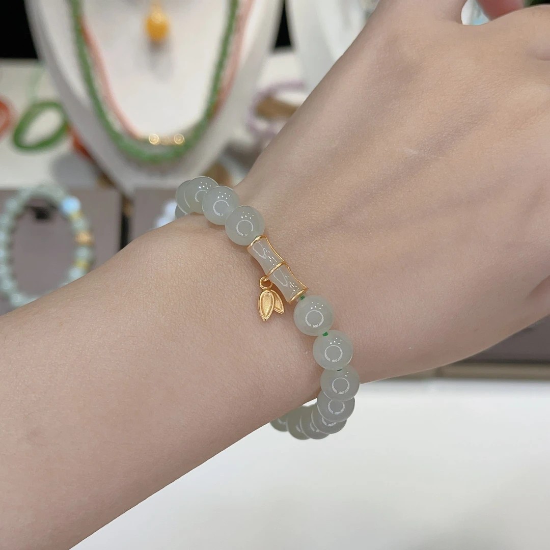 和田玉手链*8mm*晴水竹节*s925银镀金*孙千同款手链和田玉小众