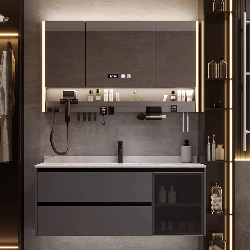 现代简约洗漱台洗脸盆抗菌陶瓷一体盆柜组合豪华收纳多功能镜柜