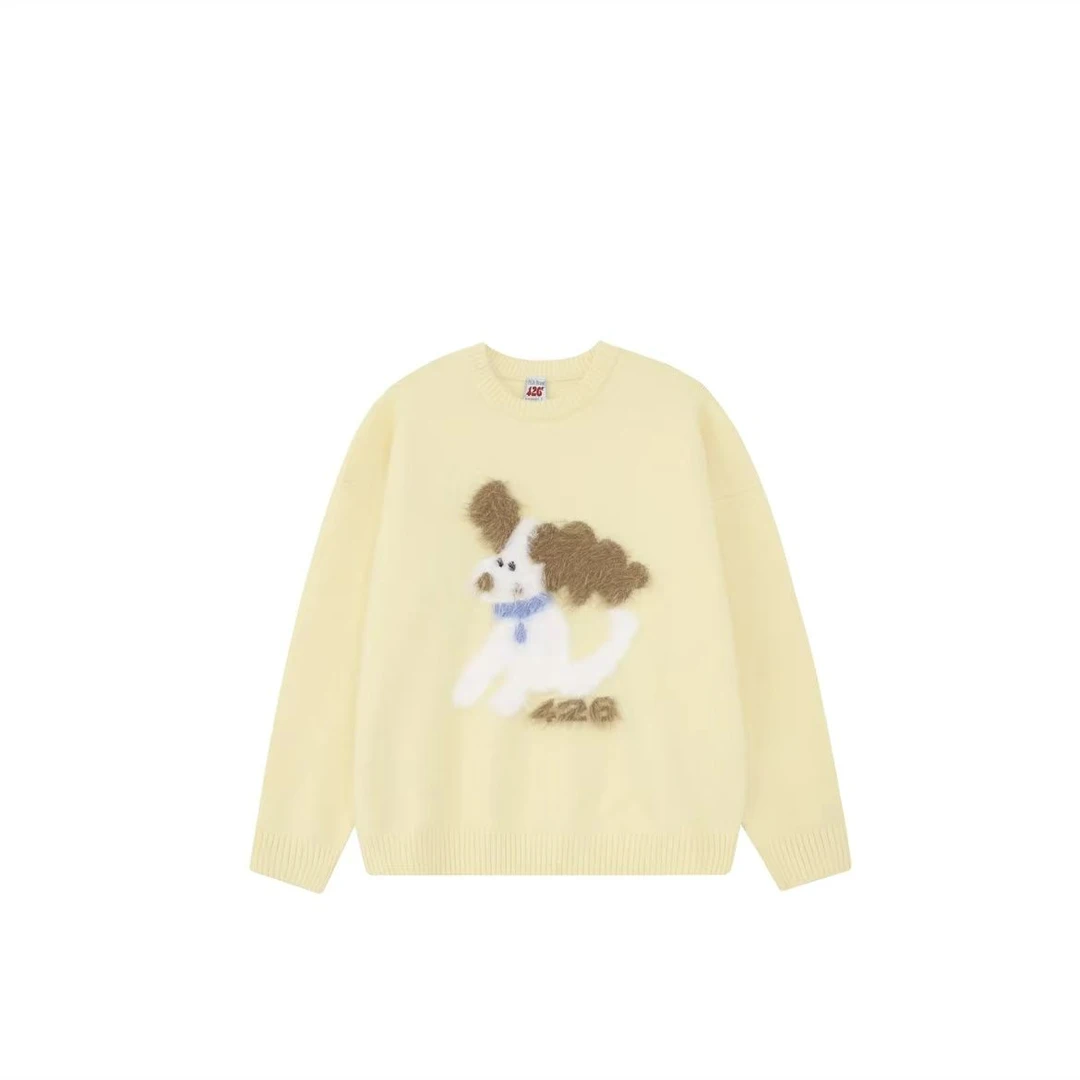 F426国潮情侣毛绒小狗提花毛衣宽松秋冬季圆领毛衣6382