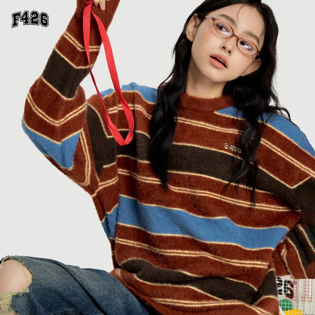 F426国潮牌女装秋季复古撞色条纹套头毛衣情侣嘻哈休闲慵懒风5955