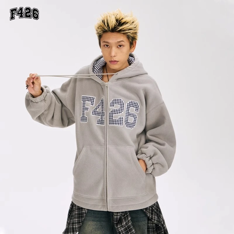 F426潮牌秋冬保暖加厚连帽卫衣潮流休闲大logo格子贴布绣外套6616