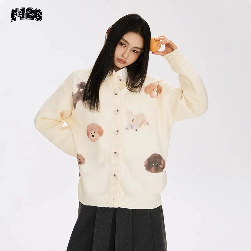 F426潮牌秋季可爱小狗针织圆领开衫毛衣情侣百搭宽松针织外套6375