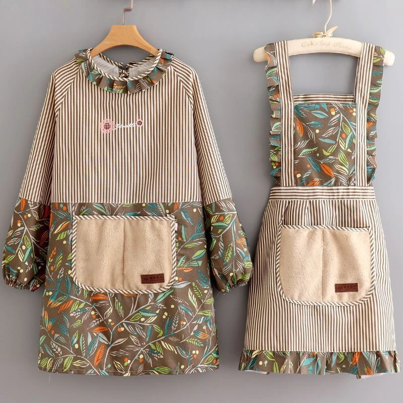 家用厨房时尚长袖防污成人竖条纹带擦手罩衣公主背带围裙薄款防油