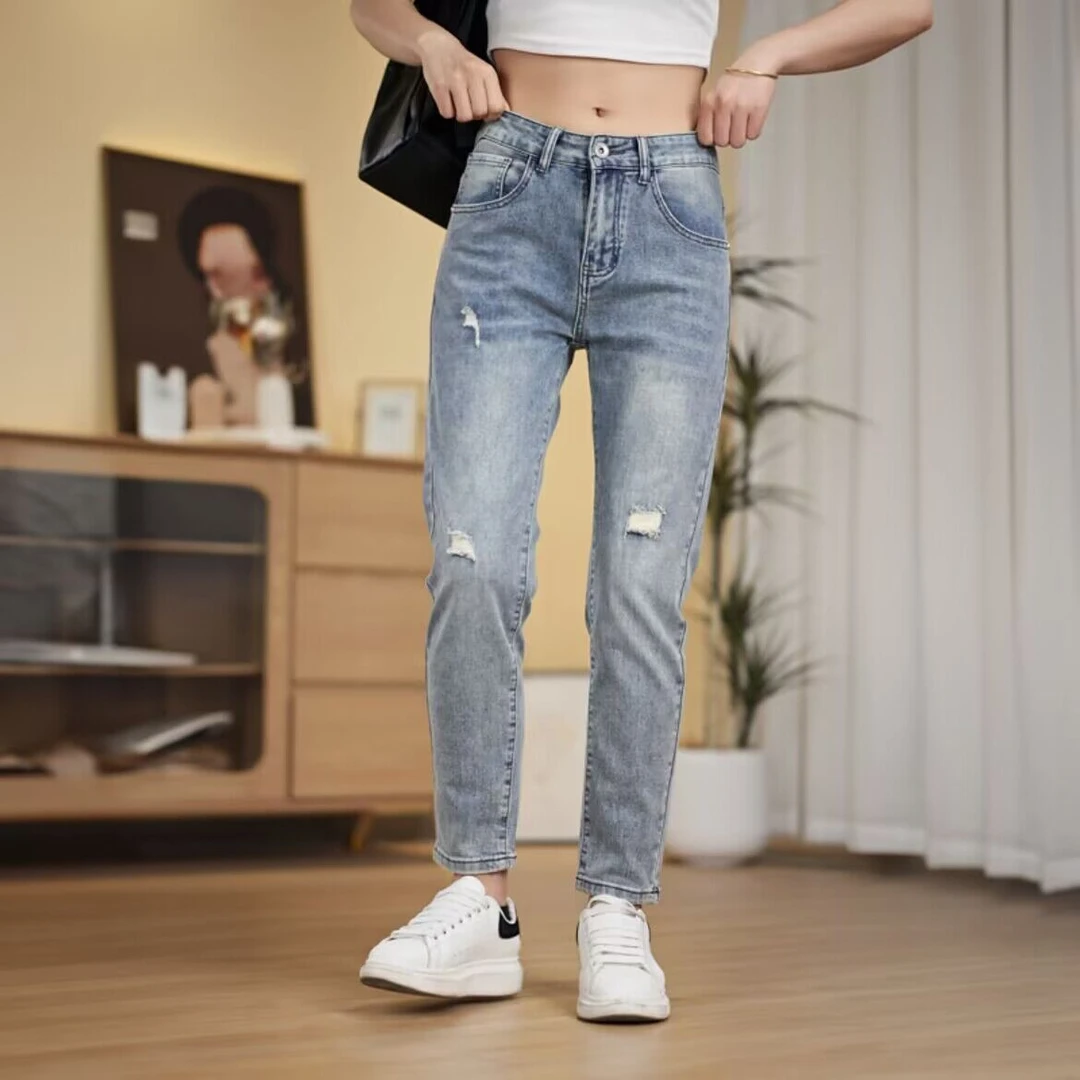 夏季新款破洞男士牛仔裤子弹力修身小直筒潮流时尚休闲百搭男裤子