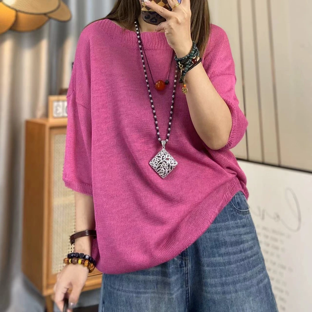 欣欣 夏季新款圆领短袖针织衫女文艺休闲冰丝宽松纯色上衣