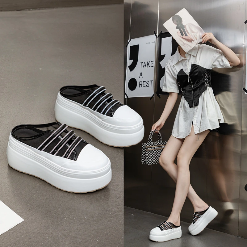 包头半拖鞋女鞋2024年夏季新款网纱透气百搭厚底增高8公分时尚潮