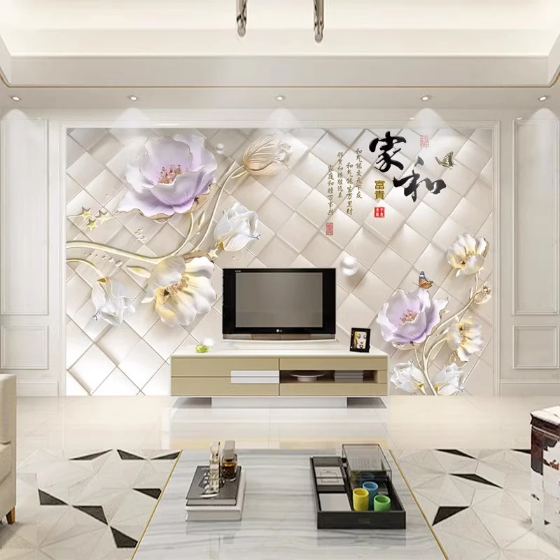 8D新中式家和电视背景墙壁画客厅壁纸沙发卧室墙纸无缝影视墙布