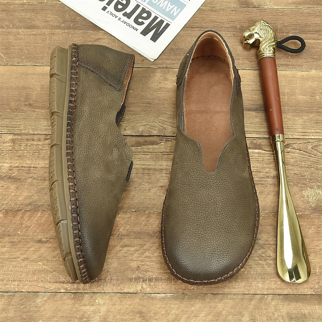 夏季新款男鞋复古手工真皮休闲皮鞋男软底一脚蹬豆豆鞋透气懒人鞋