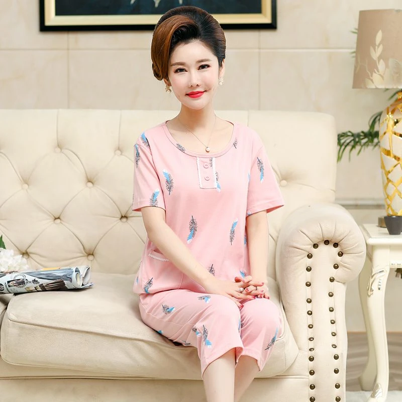 女睡衣短袖七分裤可外穿妈妈纯棉睡衣中年人全棉薄款家居服夏套装