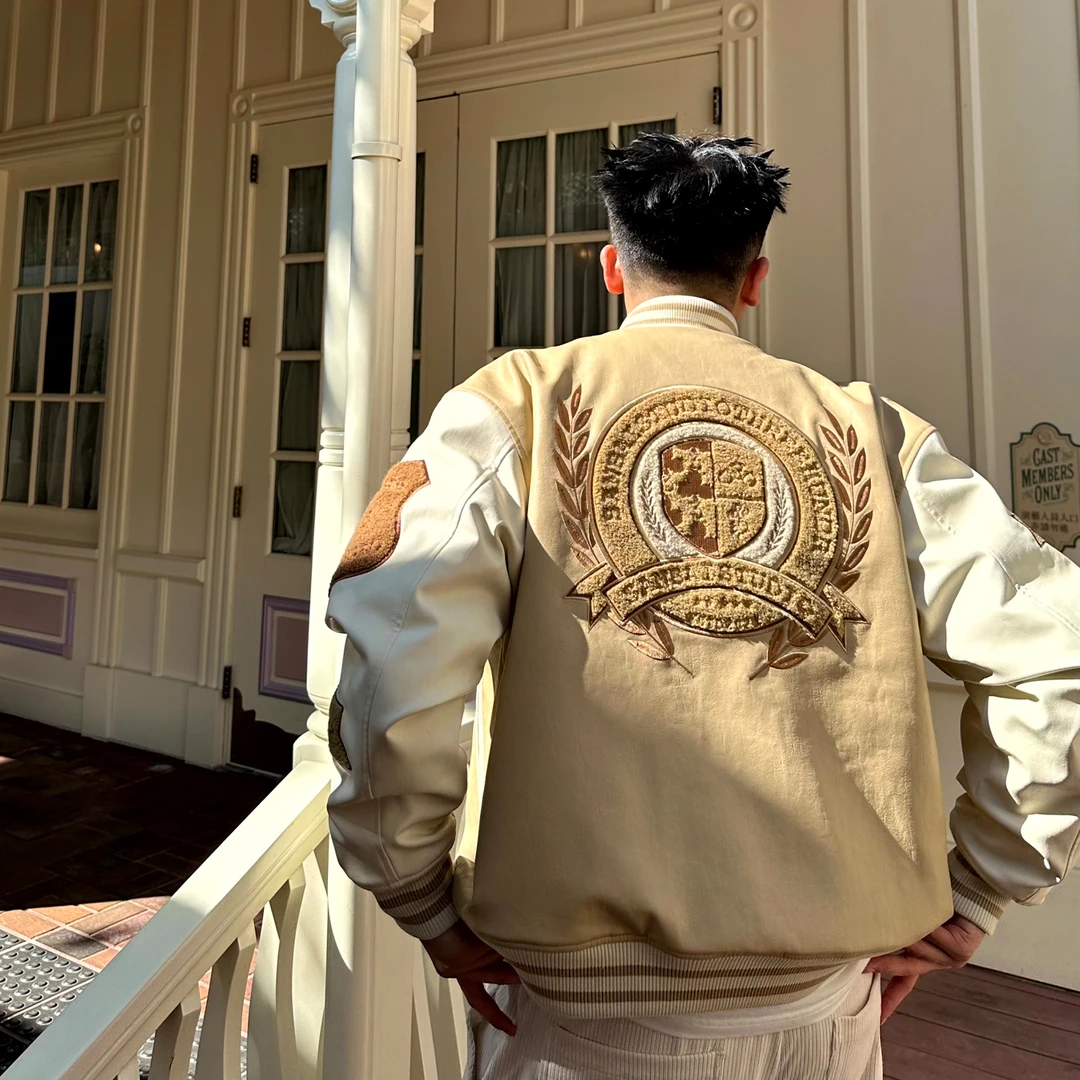 【预售】SANBAI 叁佰【圣光学院】卡其色PU皮麦穗夹克棉衣