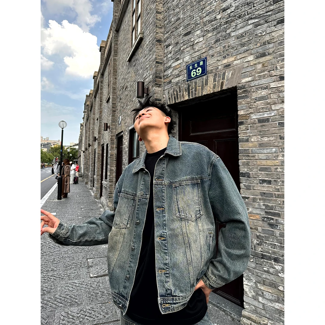 SANBAI 叁佰复古做旧黄泥色重磅水洗牛仔夹克