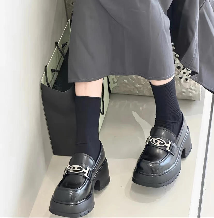 英伦风乐福鞋女欧美小皮鞋单鞋2023厚底松糕鞋中跟女鞋潮6700-2