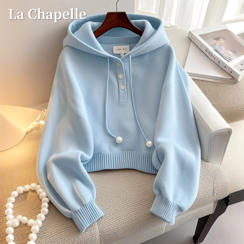 拉夏贝尔2024秋冬新款女装韩系慵懒风宽松时尚小清新蓝色连帽卫衣