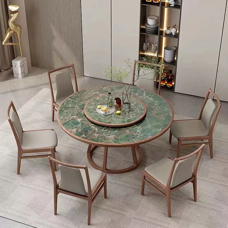 现代简约新中式白蜡木高档圆桌家用别墅餐厅大小户型实木岩板餐桌