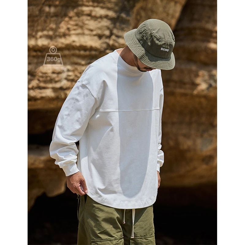 QuentinMarx日系男士360g重磅长袖T恤弧形下摆潮男宽松男士打底衫