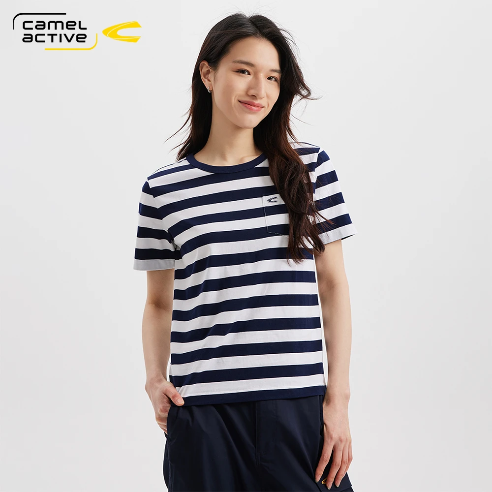 德国骆驼动感女装夏季新款经典黑白条纹显瘦纯棉百搭短袖T恤
