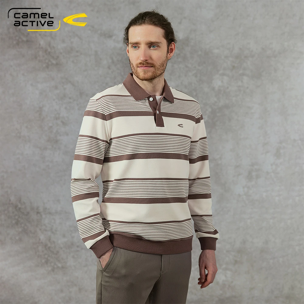 德国骆驼动感男装2025秋季新款休闲复古条纹Polo衫男长袖翻领上衣