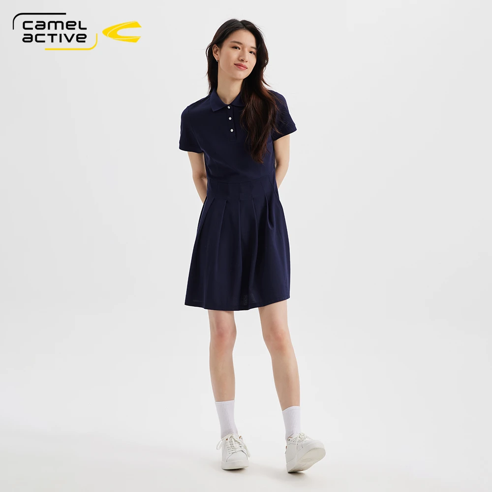 德国骆驼动感女装2025夏季运动休闲纯棉Polo裙减龄飘逸百褶连衣裙