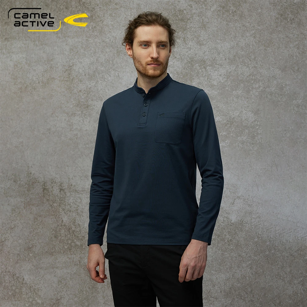 德国骆驼动感男装2025春新款纯色百搭立领T恤长袖上衣纯色亲肤T恤