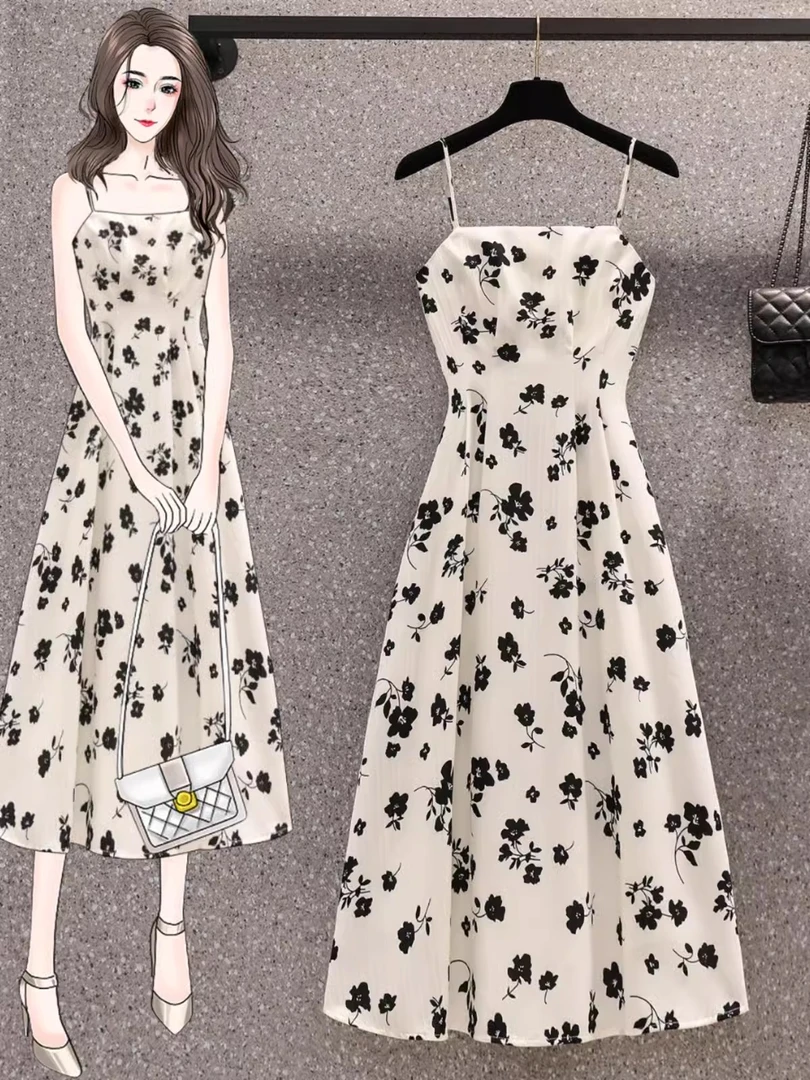 大码胖mm法式碎花吊带连衣裙女2024年夏新款女装气质收腰显瘦裙子