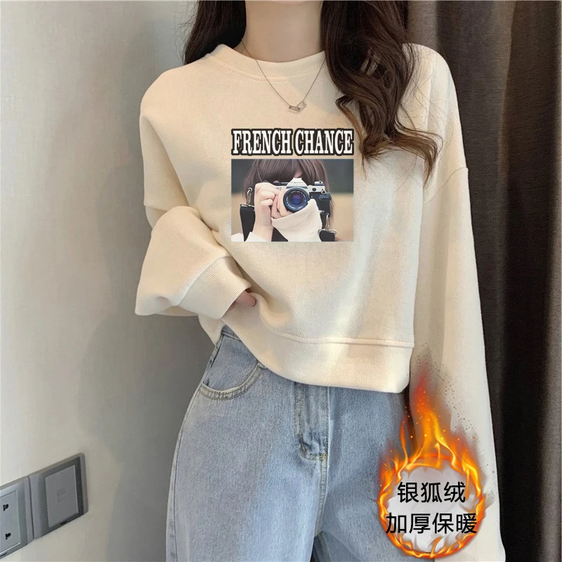 2023新款甜辣印花加绒加厚短款卫衣女小个子秋冬慵懒风奶杏色上衣
