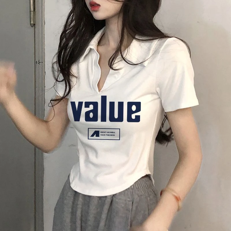 新款polo领白色短袖t恤女夏季法式辣妹正肩短款高腰小个子上衣ins