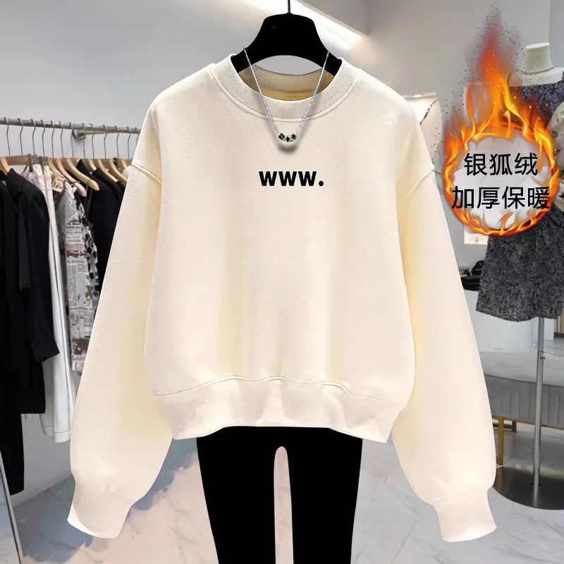 无帽秋冬短款卫衣女美式休闲宽松加绒外套2023年新款圆领长袖上衣