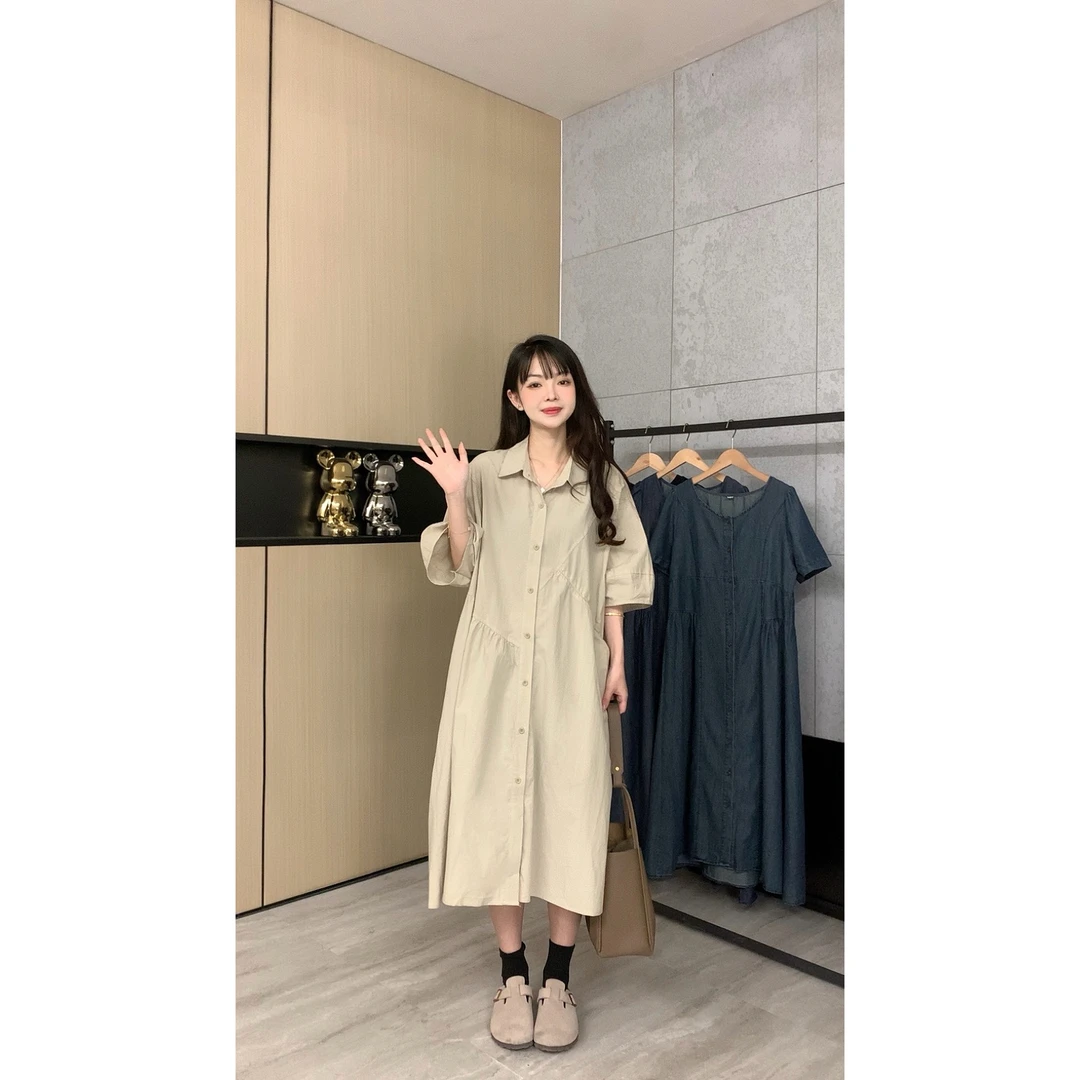 【璟衣服饰】polo领中长款侧边收腰设计感夏季薄款衬衫连衣裙Z9658