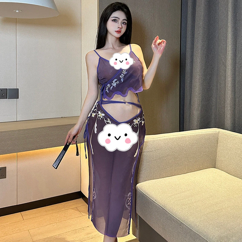 新款性感网红网纱情侣内衣透明高腰镂空睡衣复古吊带情调汉服睡裙