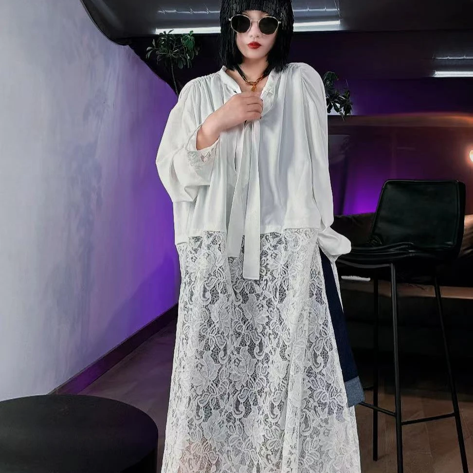 2024新款蕾丝拼接连衣裙女高级感复古慵懒风时尚休闲宽松百搭长裙