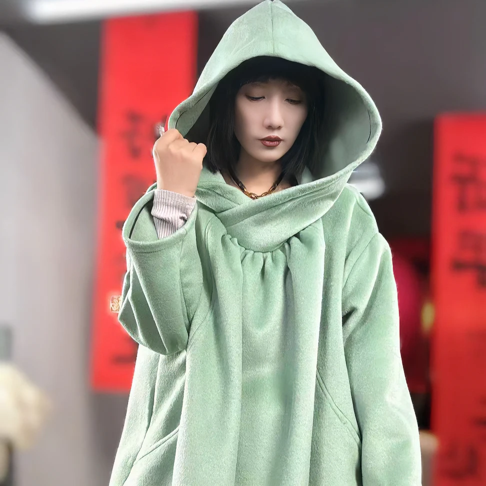 2024新款女巫款甩帽套头大衣女小众设计时尚宽松百搭个性长款外套