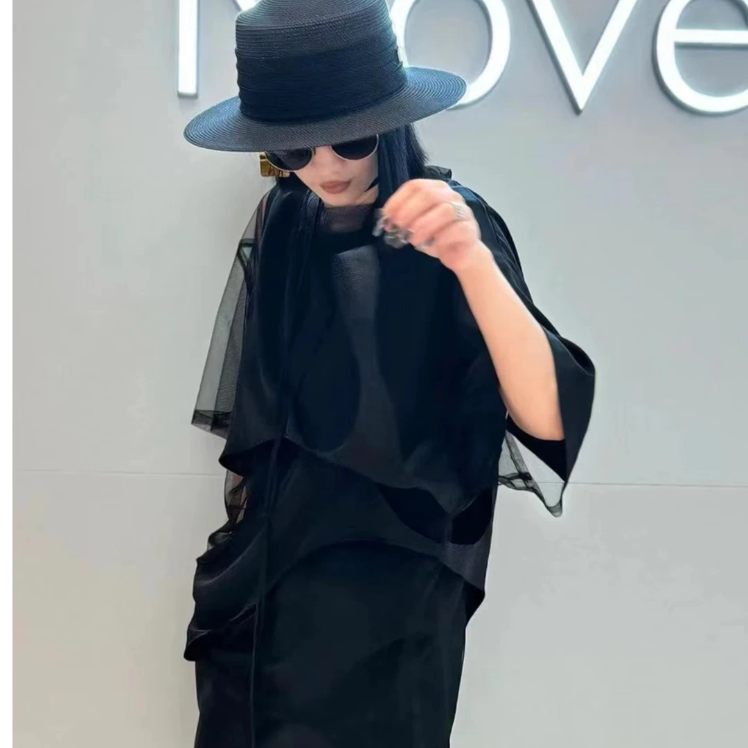 2024新款拼接镂空女小众风格设计不规则宽松时尚百搭个性休闲上衣