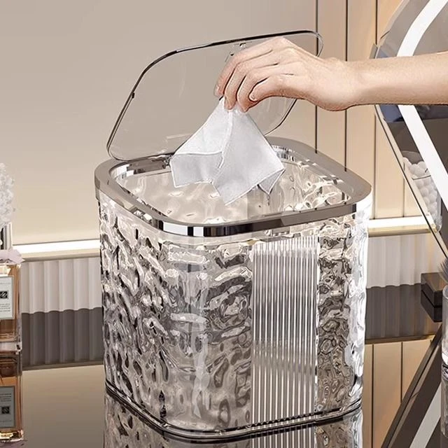 透明桌面垃圾桶带盖高颜值按压收纳桶办公室卧室客厅家用餐桌纸篓