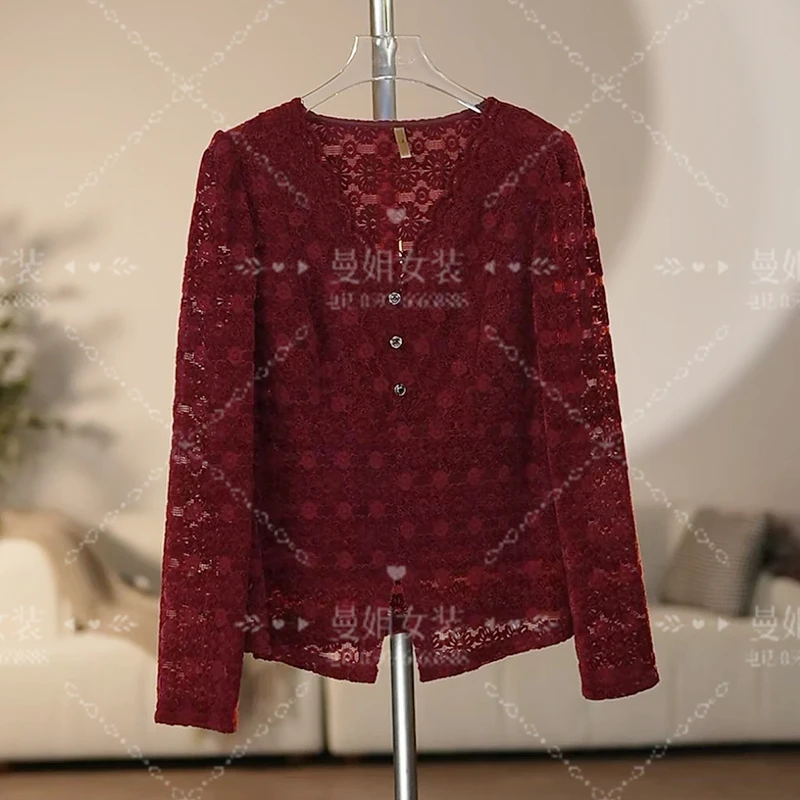 【曼姐定制】镂空针织衫女长袖秋季新款百搭显瘦法式小衫上衣 2444