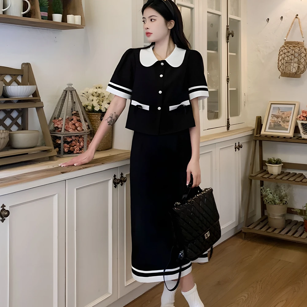 减龄捻丝长短款夏季新款气质风时尚套装娃娃领短袖上衣半身裙