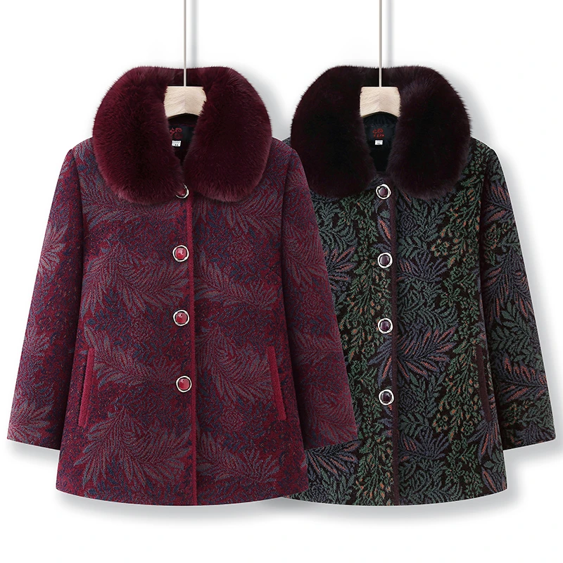 C52秋冬中老年妈妈时尚洋气翻领纽扣毛呢外套奶奶加绒加厚外套