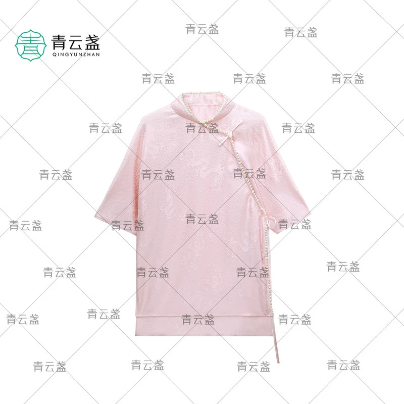 【檀粉】100桑蚕丝国时尚风上衣 中式透孔花萝立领·24S0125